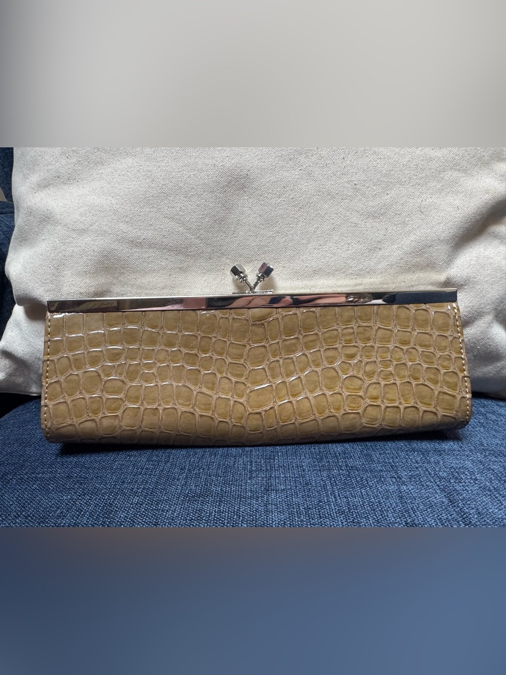Nine West Croc-Embossed Tan Clutch with Silver Frame